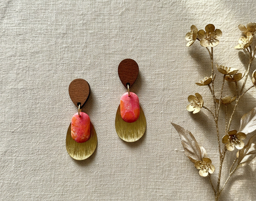 Dangles in Orange and Pink with Walnut Wood Studs